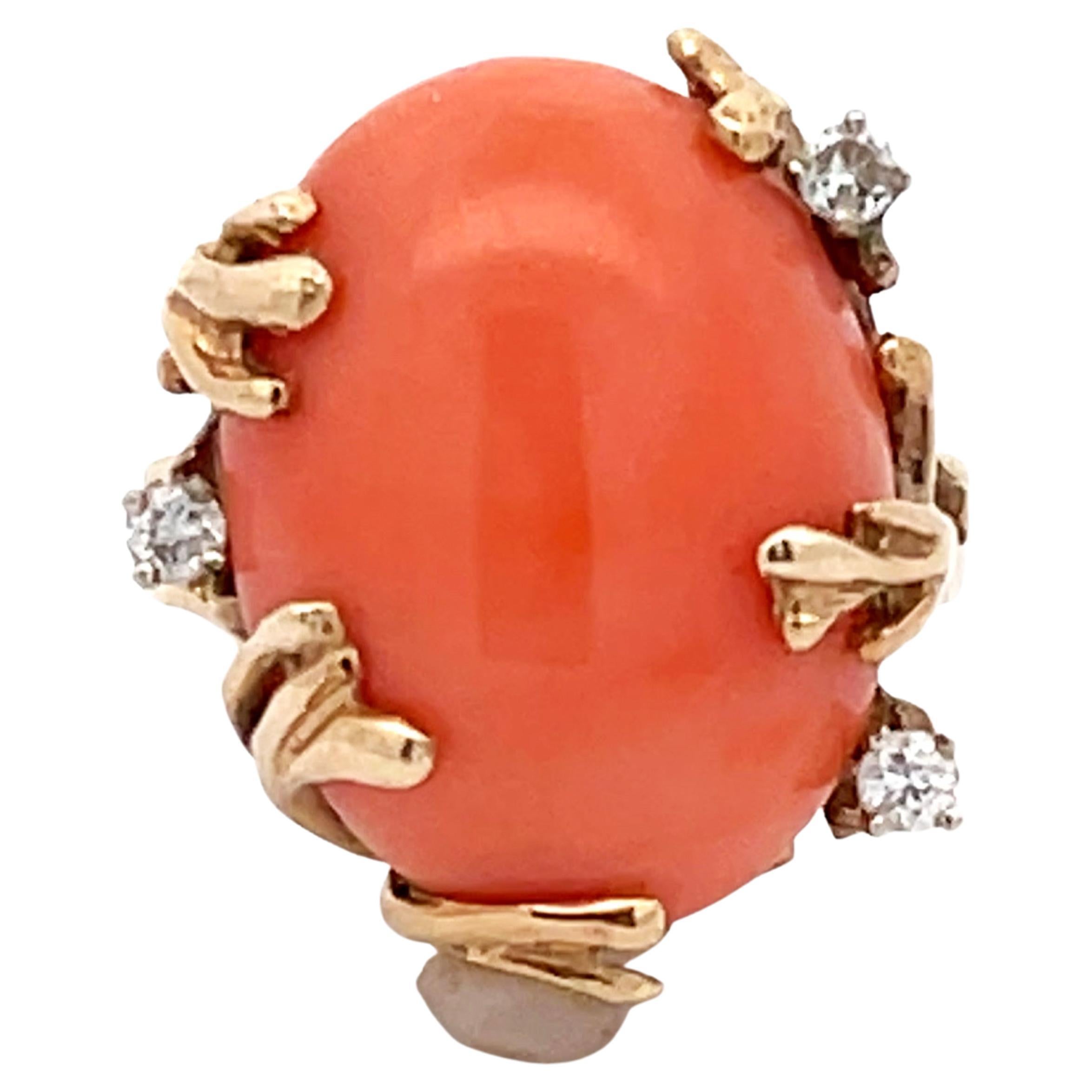 Vintage Mediterranean Coral and Diamond Ring in 14k Yellow Gold For Sale