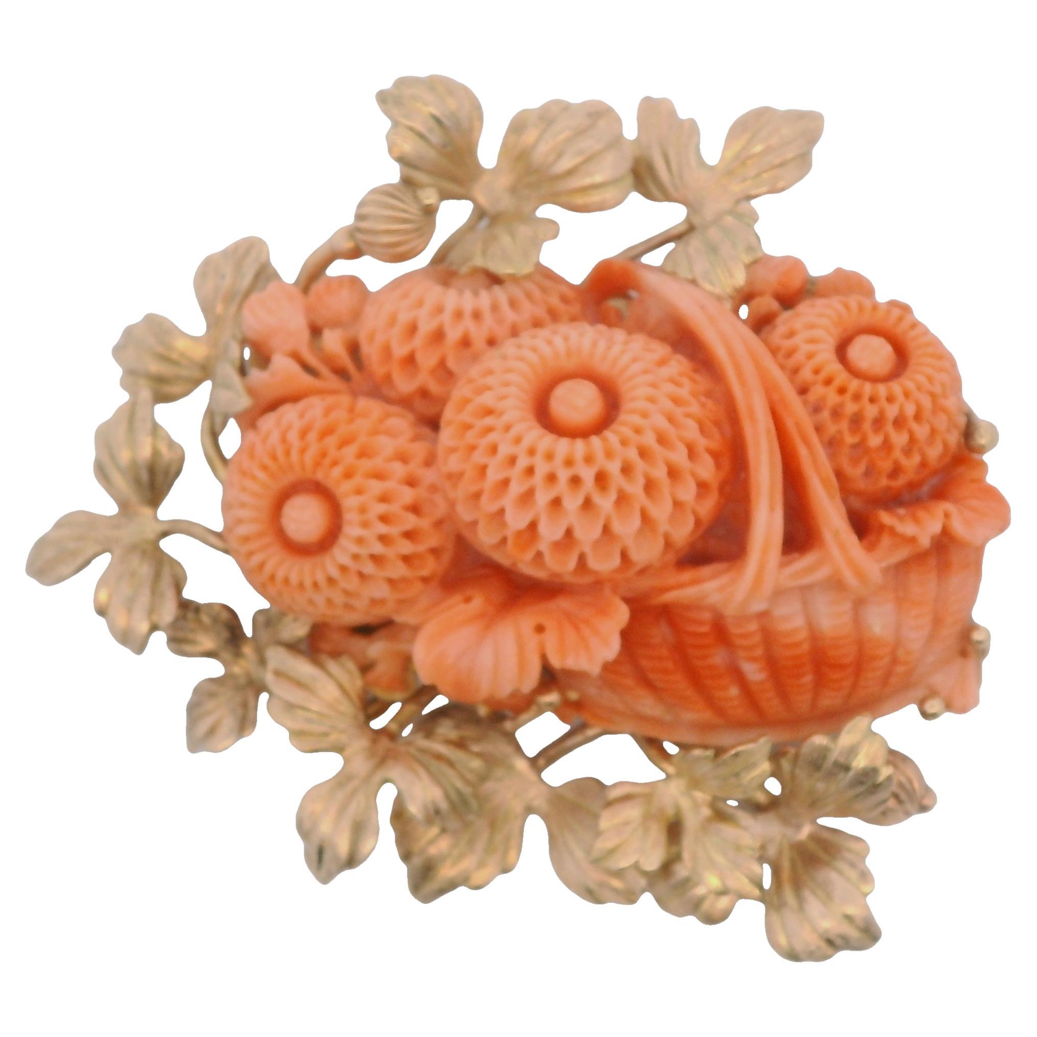 Vintage Mediterranean Coral Carved Floral and 14k Yellow Gold Brooch 1970s