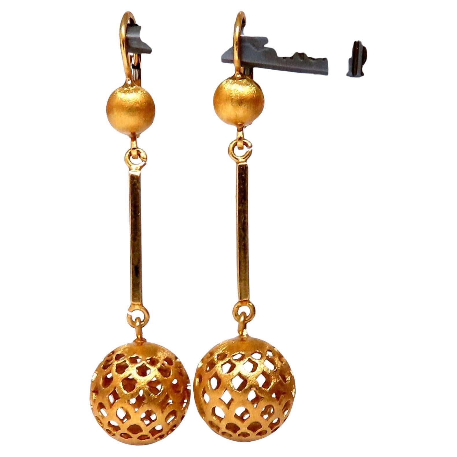 Vintage Mediterranean Deco Gold Ball Dangle Earrings 18 Karat Gold For Sale