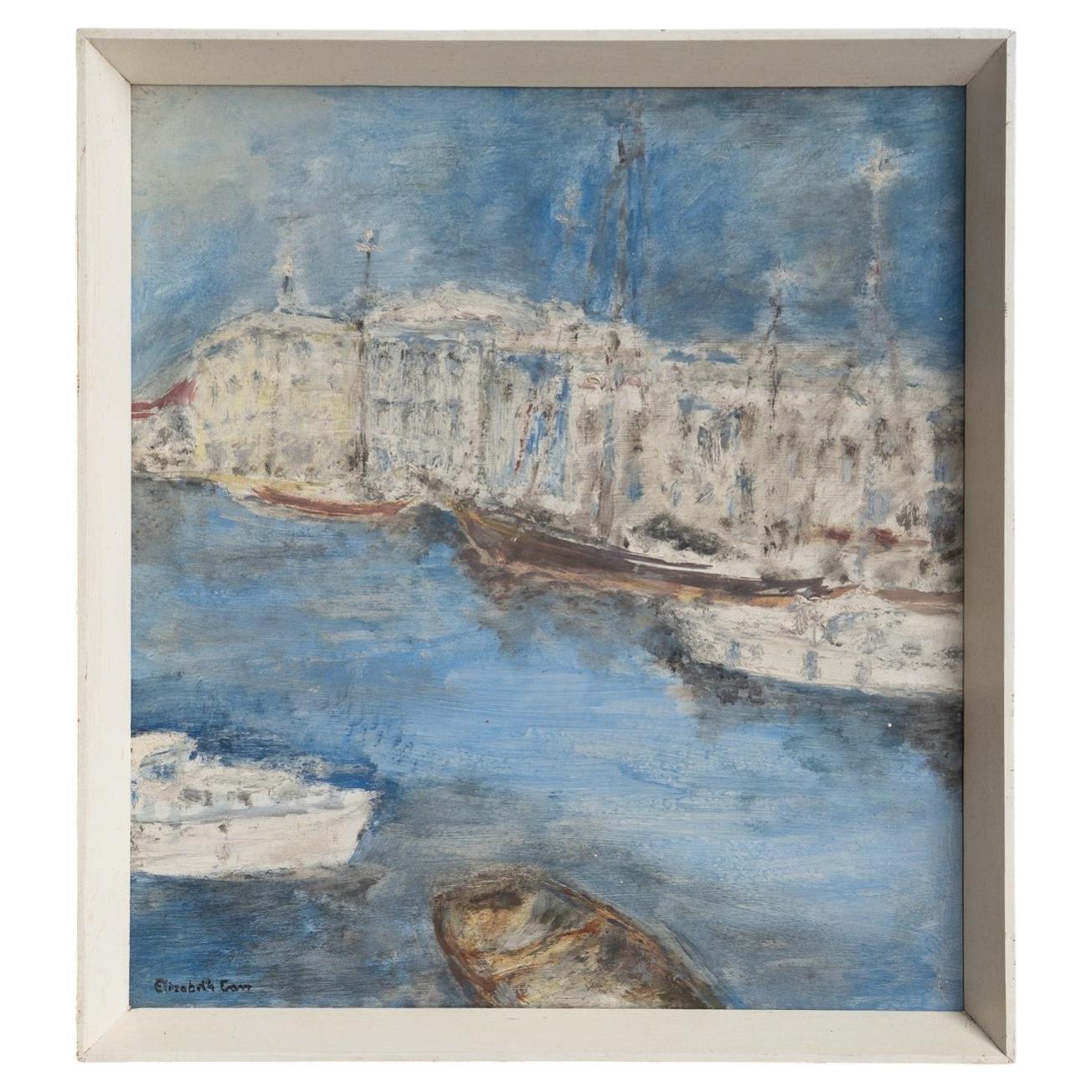 Vintage Mediterranean Harbour Scene, Original Impressionist Oil Painting, 20th C