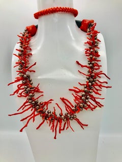 Sylvia Gottwald , Vintage Med. Red Branch Coral and Pearl Necklace and Earrings