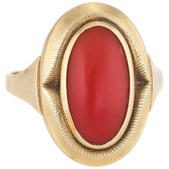 Vintage Mediterranean Red Coral Ring 14 Karat Yellow Gold Cocktail Jewelry