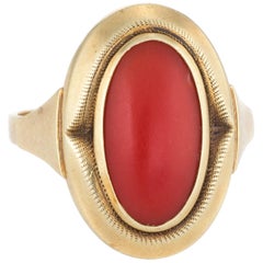 Vintage Mediterranean Red Coral Ring 14 Karat Yellow Gold Cocktail Jewelry Vintage Mediterranean Red Coral Ring 14 Karat Yellow Gold Cocktail Jewelry