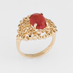 Vintage Mediterranean Red Coral Ring 14k Yellow Gold Cocktail Jewelry