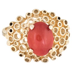 Vintage Mediterranean Red Coral Ring 14k Yellow Gold Cocktail Jewelry