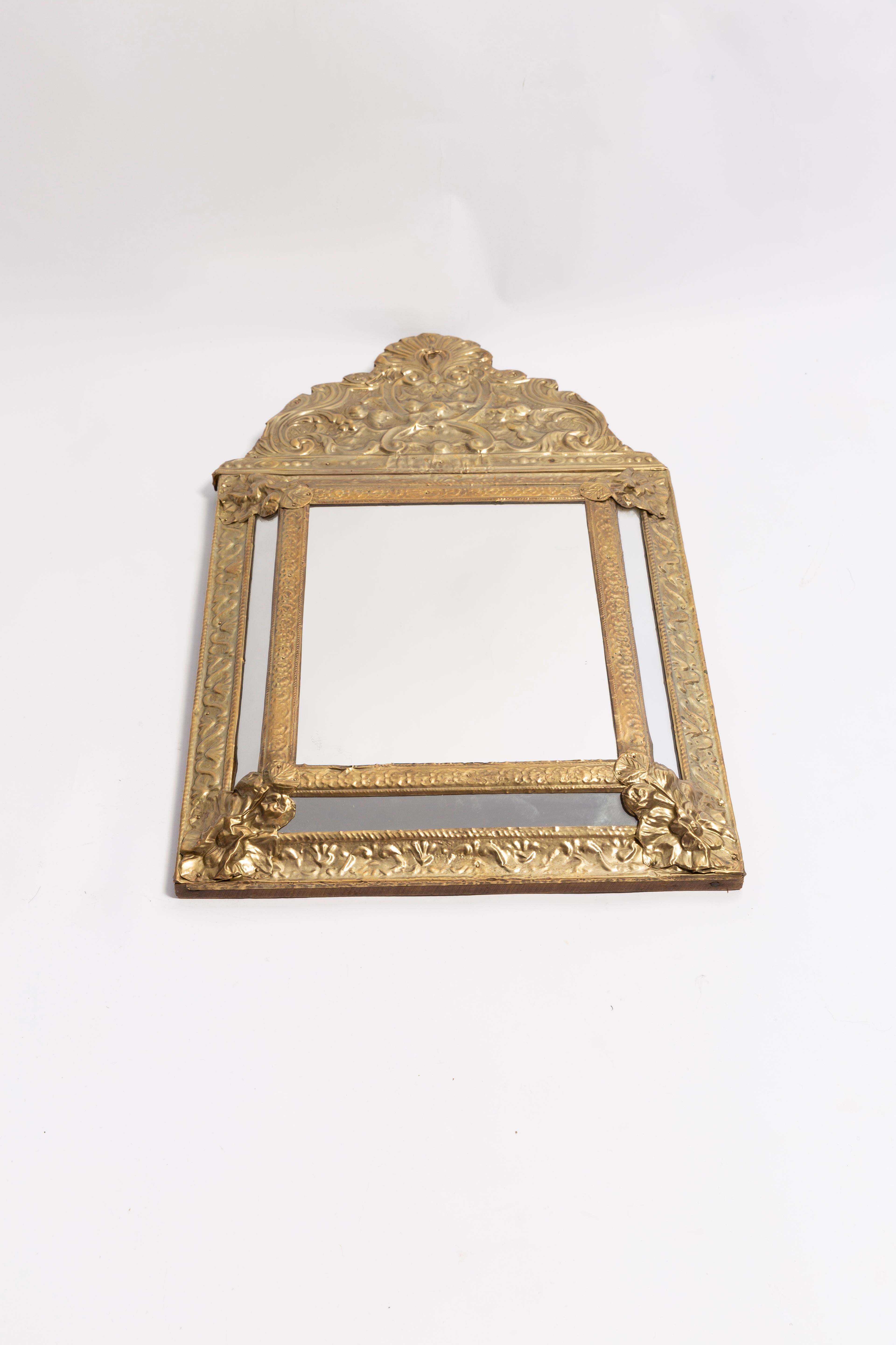 A beautiful medium size mirror in a golden/blue decorative frame with flowers from Italy. The frame is made of metal. Mirror is in very good vintage condition, no damage or cracks in the frame. Original glass. Beautiful piece for every interior!