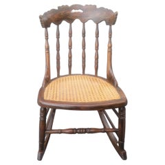 Vintage Medium Size Tiger Walnut and Cane Seat Rocking Chair