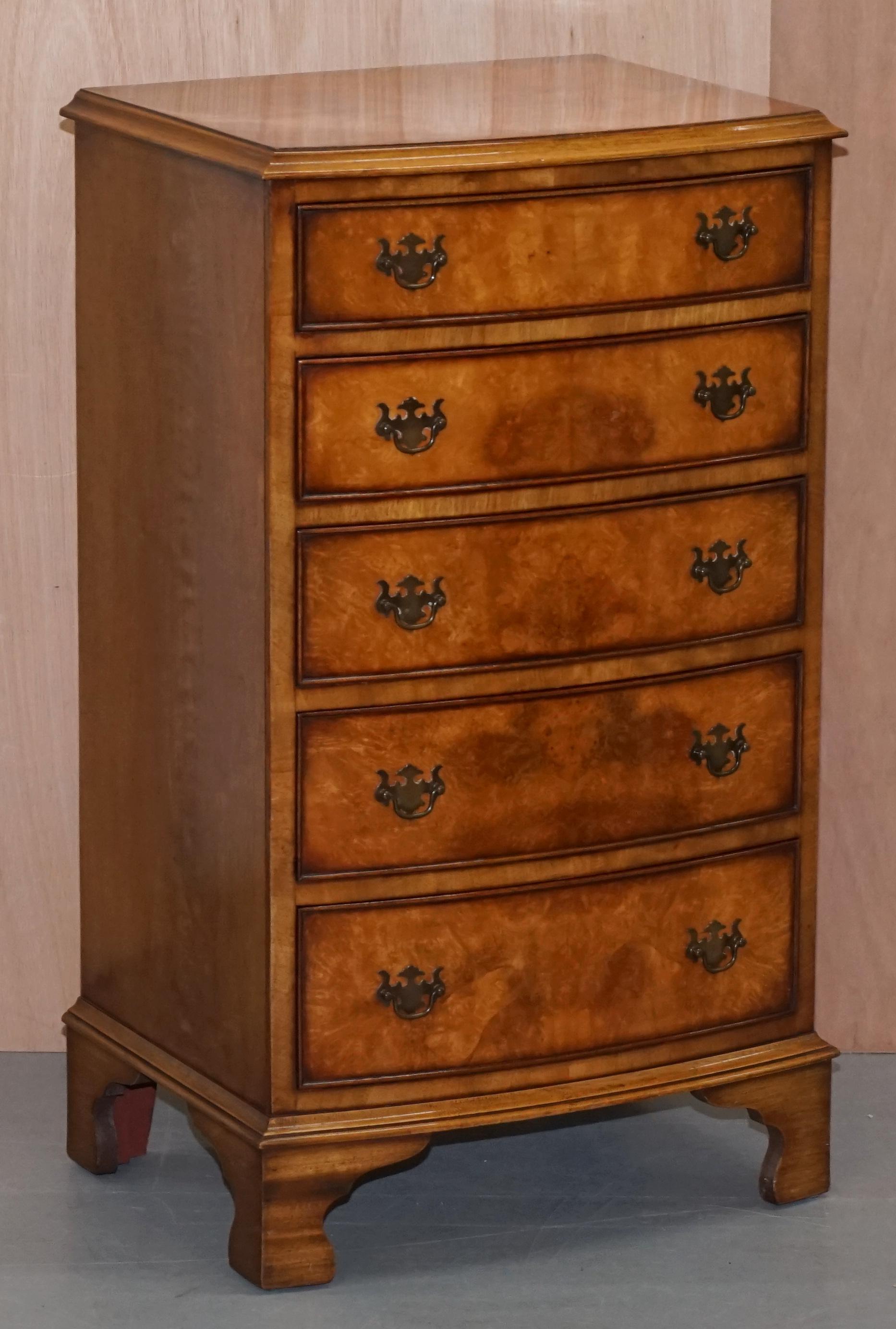 We are delighted to this stunning vintage Bavan Funnell Burr Walnut medium sized tall boy chest of drawers

A beautiful functional piece, handmade in England by one of our generations great furniture makers.

Burr walnut is by far my favourite