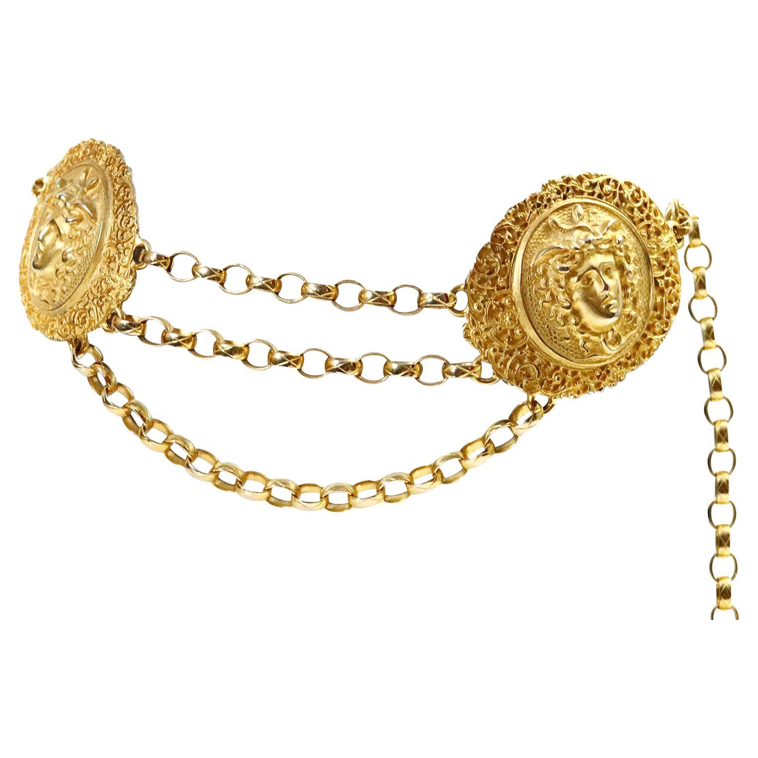 Vintage Medusa Face Double Medallion Hangling Link Belt Unisexe en vente