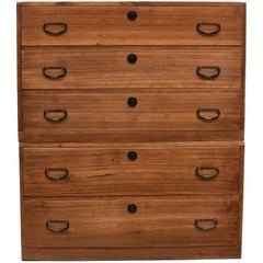 Vintage Meiji Japanese Tansu Chest in Natural Finish, Two Interlocking Tiers