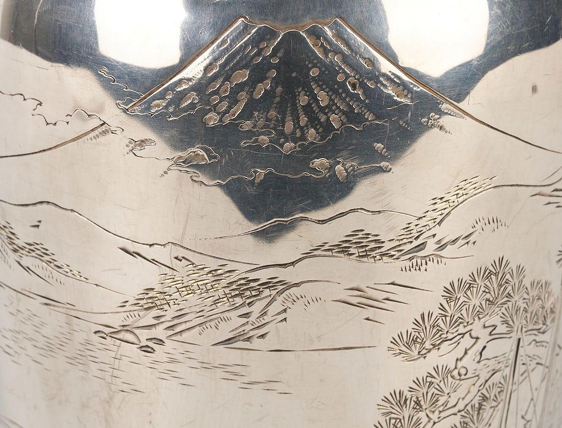 Engraved Vintage Meiji or Taisho Japanese Pure Silver Vase For Sale