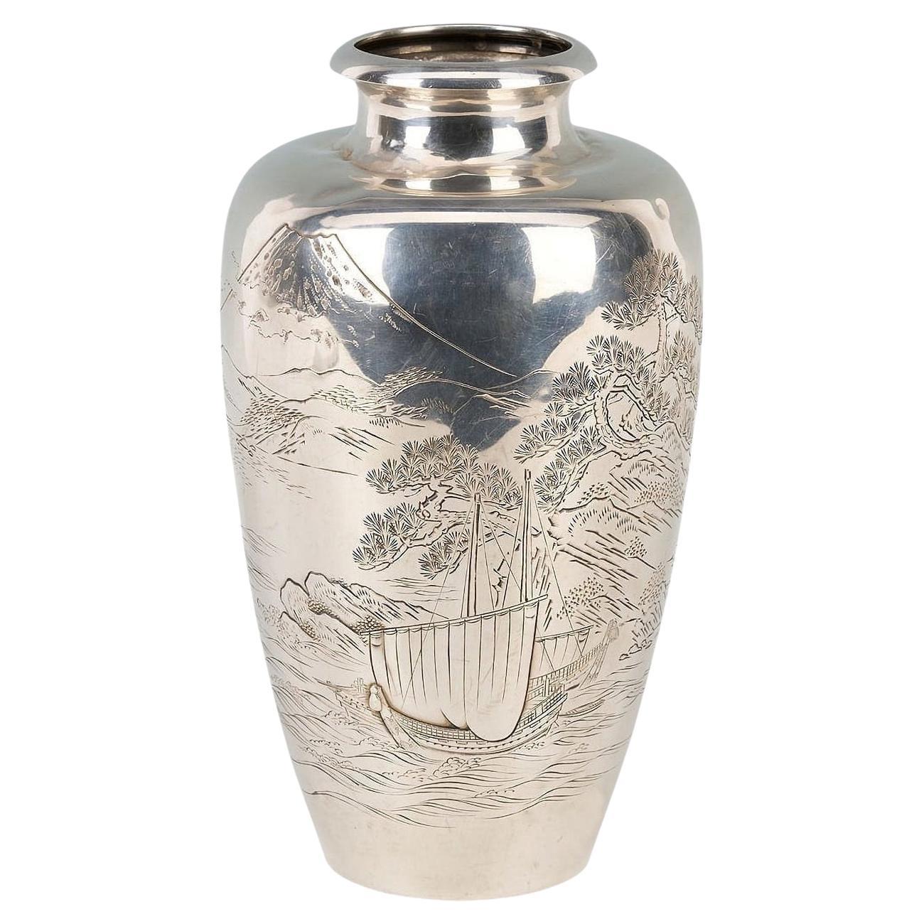 Vintage Meiji or Taisho Japanese Pure Silver Vase For Sale