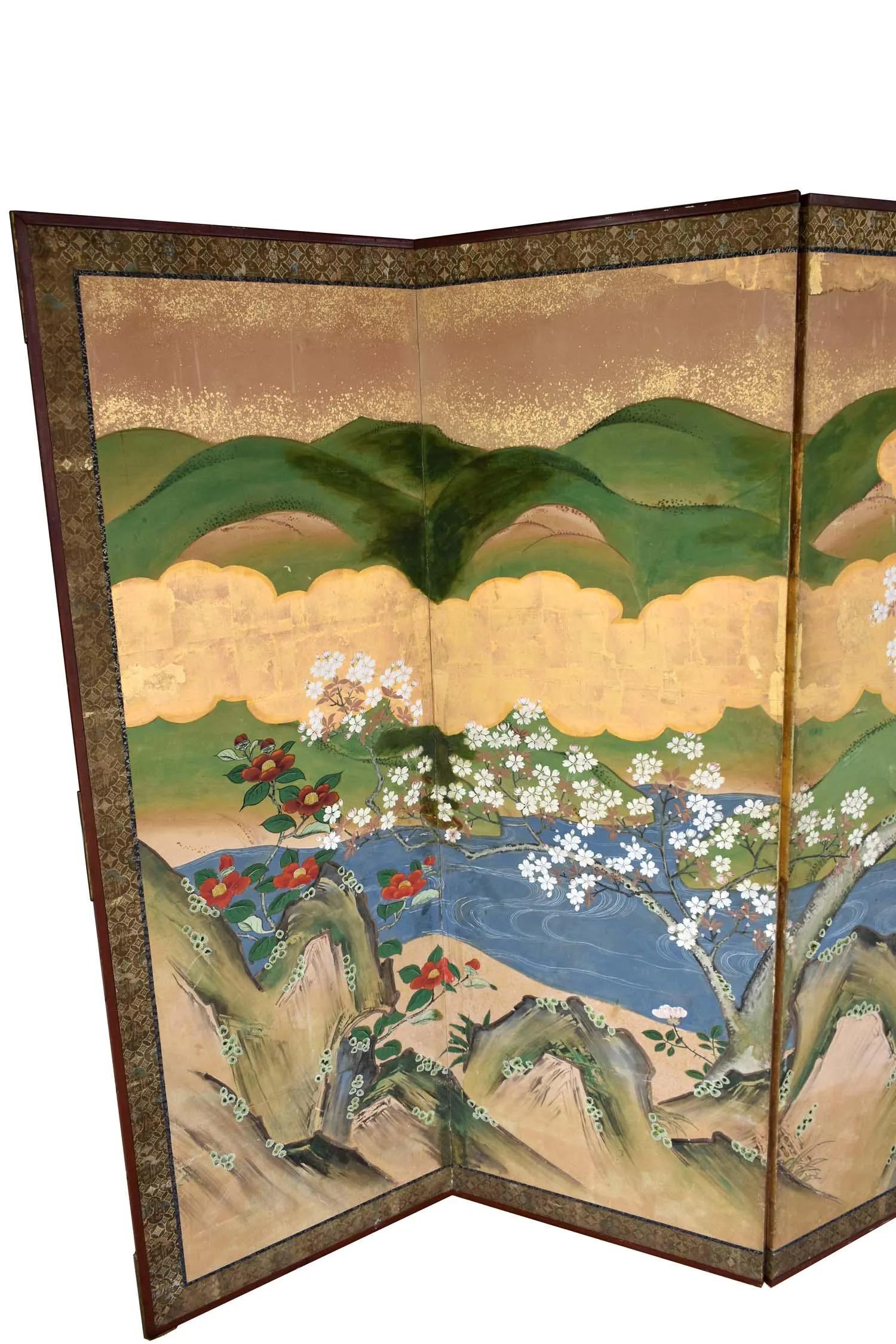 Unknown Vintage Meiji Period Six Panel Japanese Folding Screen