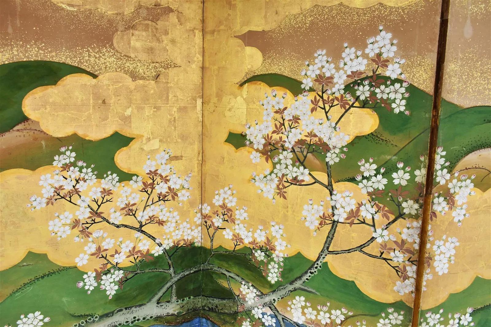Vintage Meiji Period Six Panel Japanese Folding Screen In Fair Condition In Locust Valley, NY