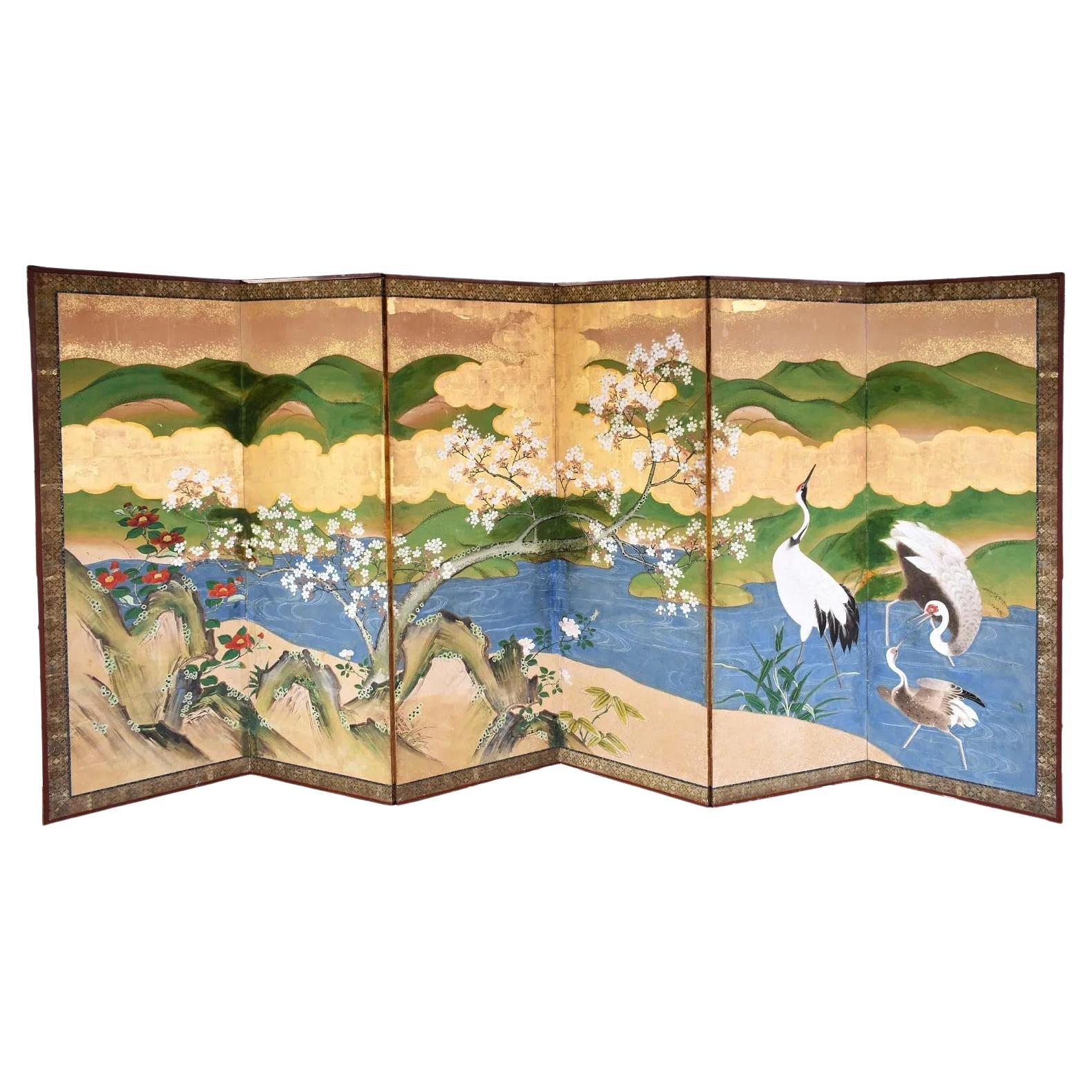 Vintage Meiji Period Six Panel Japanese Folding Screen