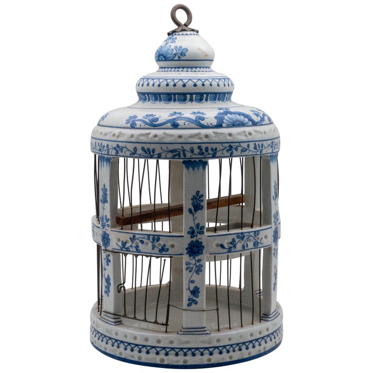 Vintage Meiselman Ceramic Blue and White Bird Cage, from Italy at 1stDibs