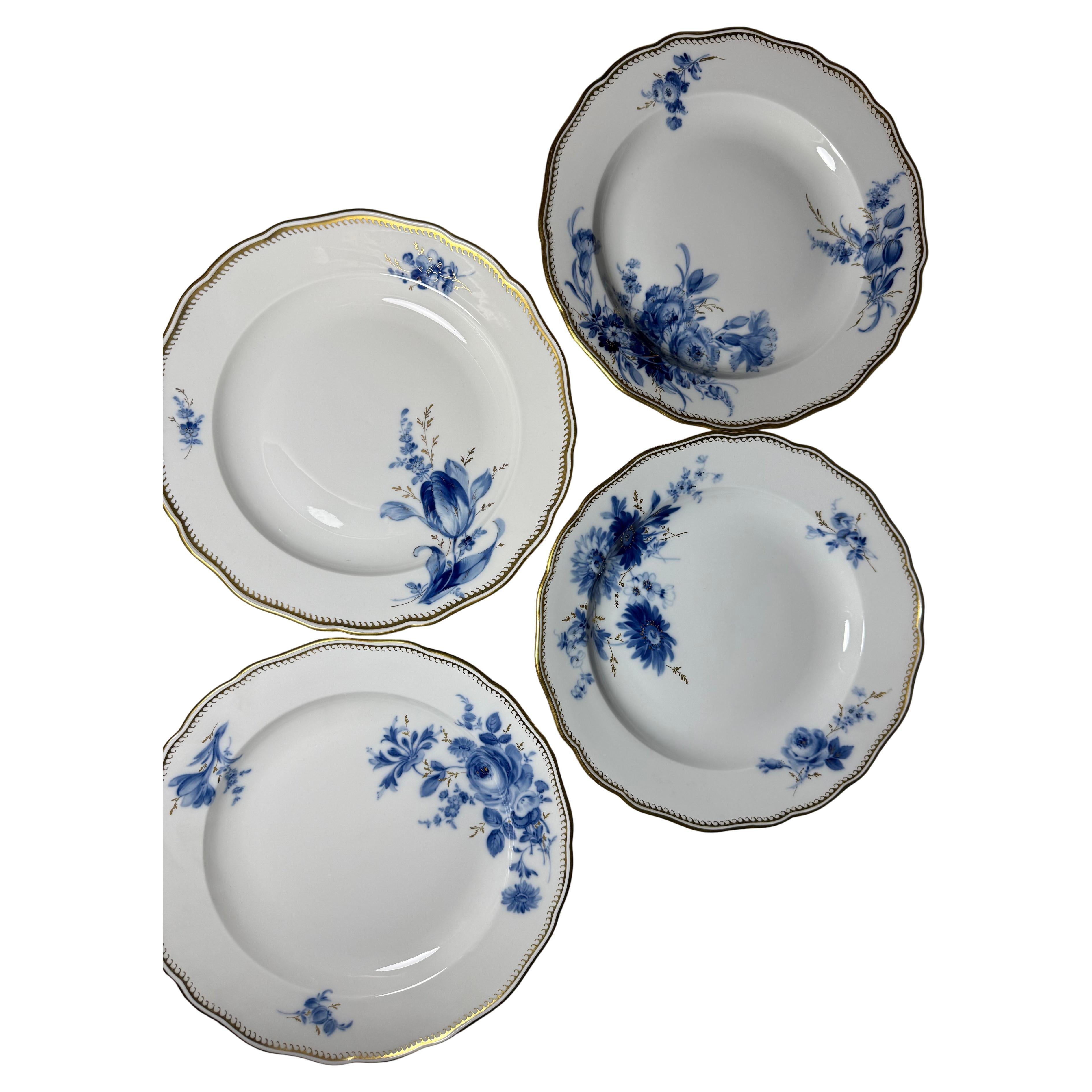 Vintage Meissen Blue Bouquet Gilt 4 dinner plates Hand-painted 1940s