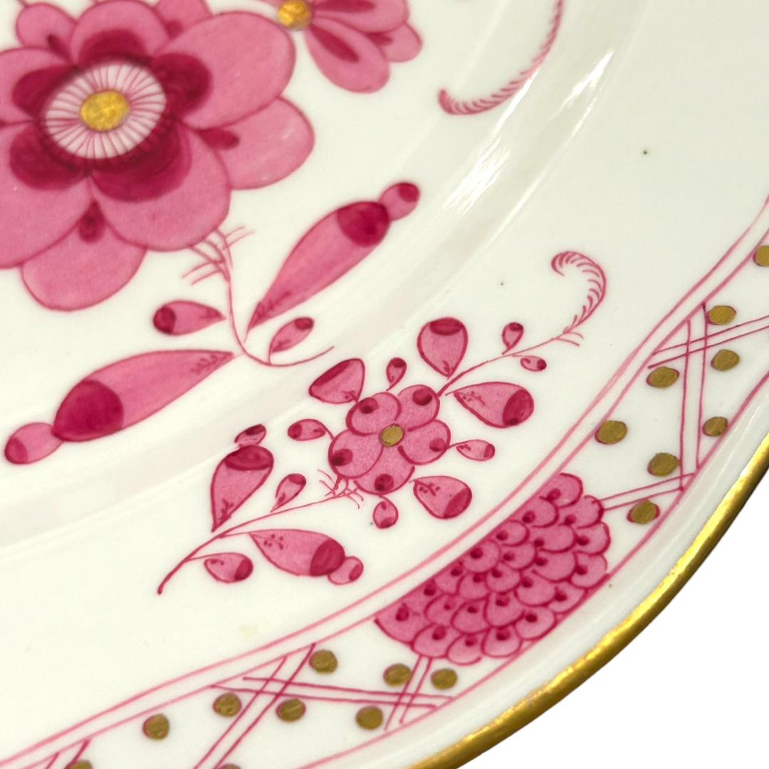 German Vintage Meissen Large Porcelain Pink “Indian Flowers” Gold Scallop Serving Bowl For Sale
