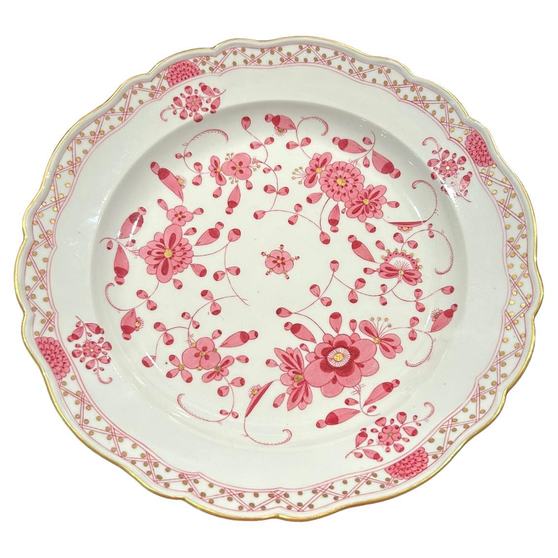 Vintage Meissen Large Porcelain Pink “Indian Flowers” Gold Scallop Serving Bowl For Sale