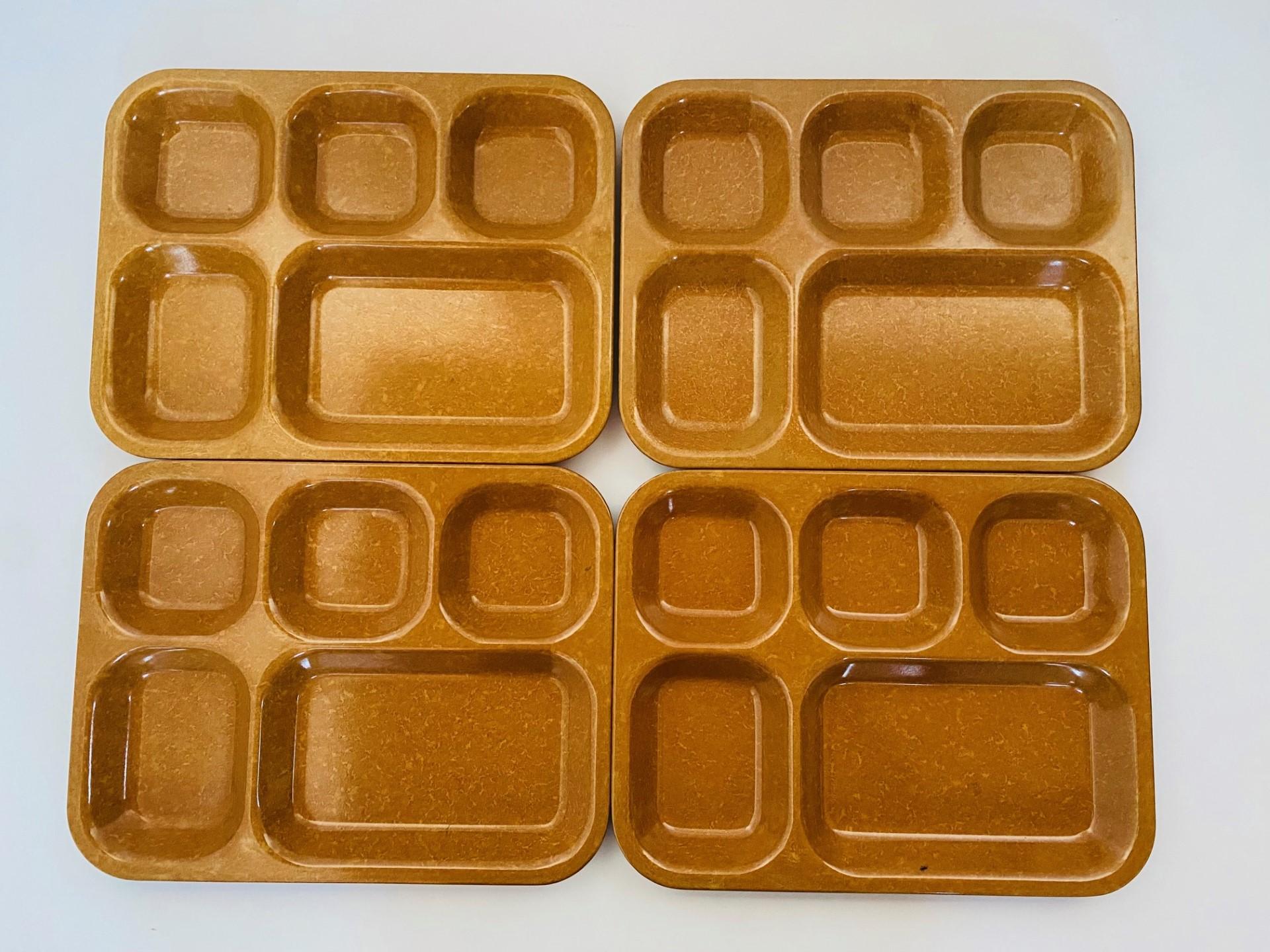 Vintage 4 Melamine USA Bolta- 1966 “Mess” “Cafeteria” Trays in Butterscotch/Caramel Speckled/Splatter Color.  This entertaining set of classically known “Mess” Trays are substantial in melamine.  Each features 5 different compartments with their
