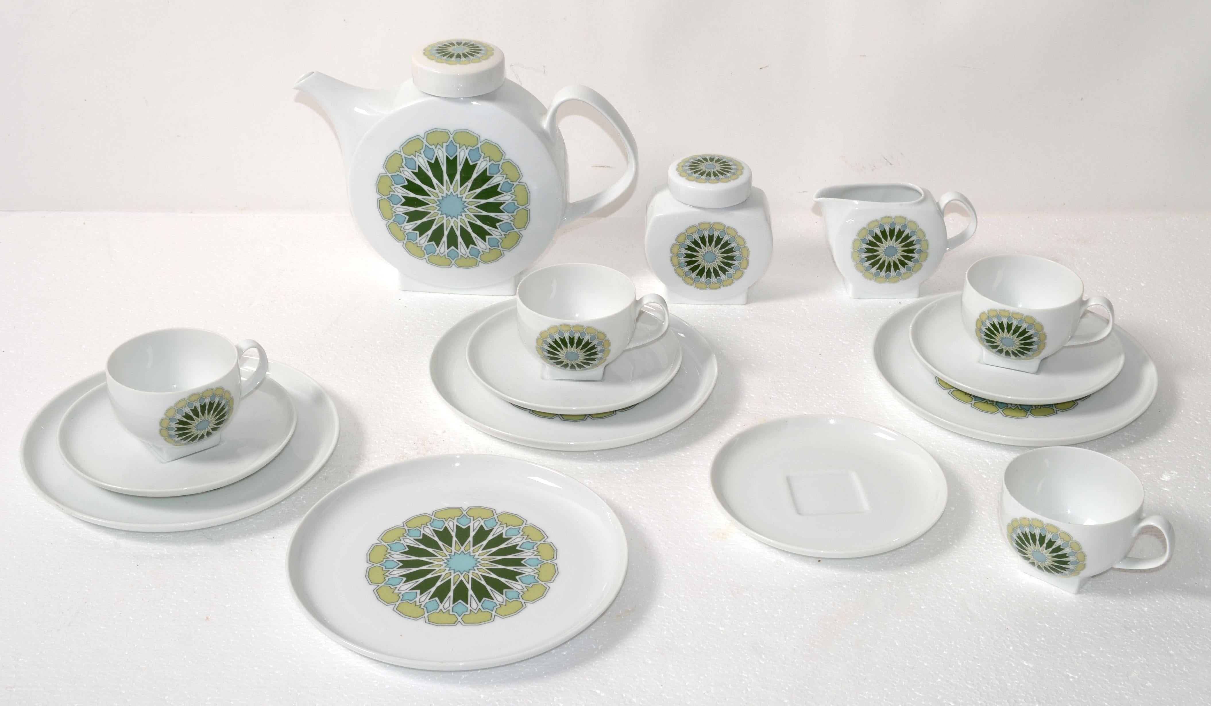 Vintage Melitta Minden Porcelain Tee Service Green White Motif 4 Place Setting For Sale 6