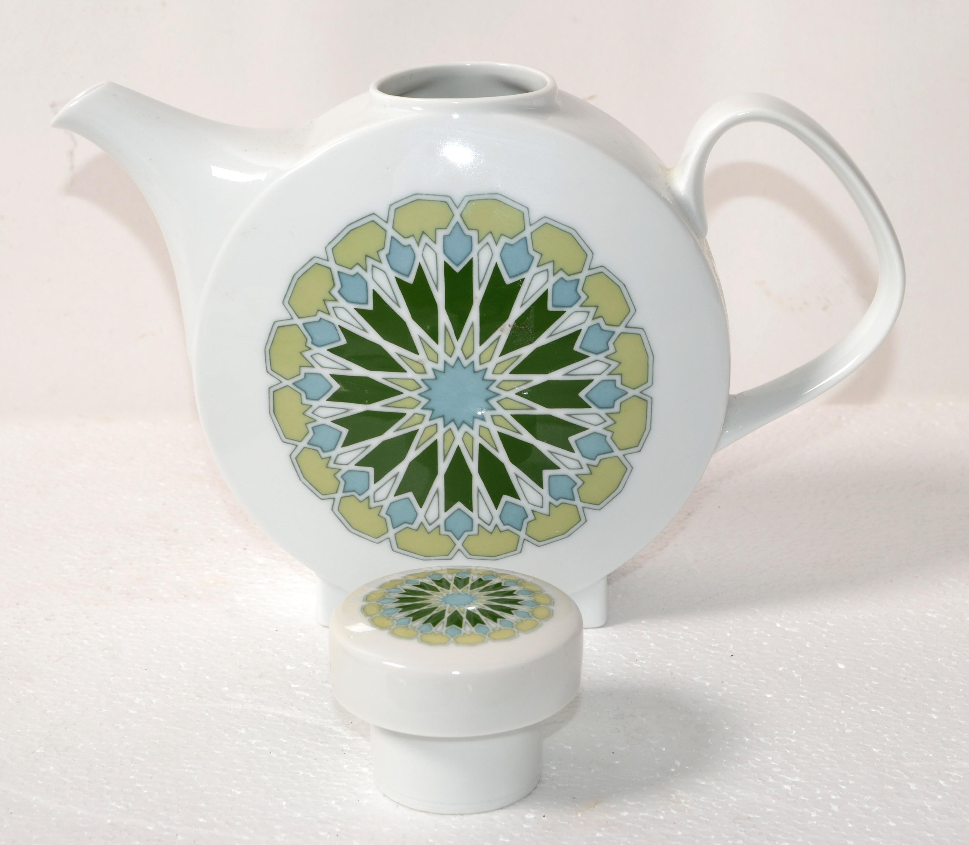 German Vintage Melitta Minden Porcelain Tee Service Green White Motif 4 Place Setting For Sale