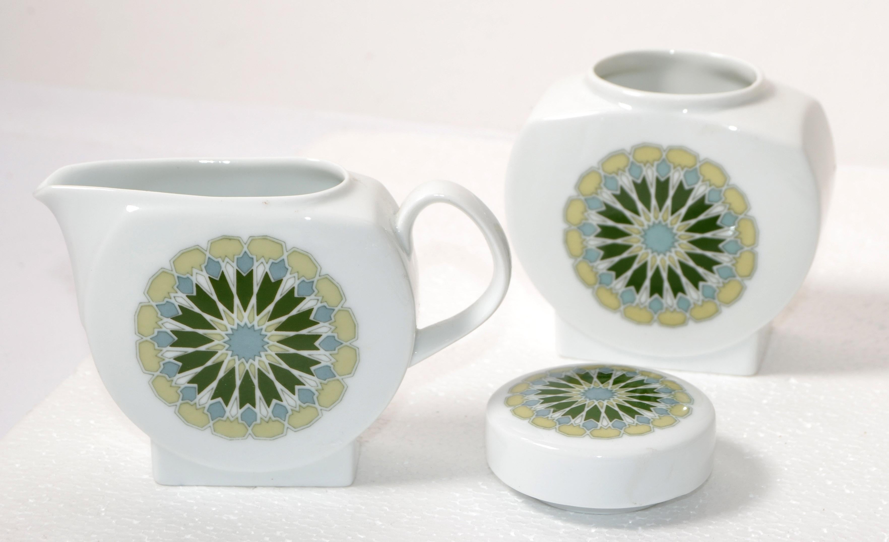 Vintage Melitta Minden Porcelain Tee Service Green White Motif 4 Place Setting For Sale 2
