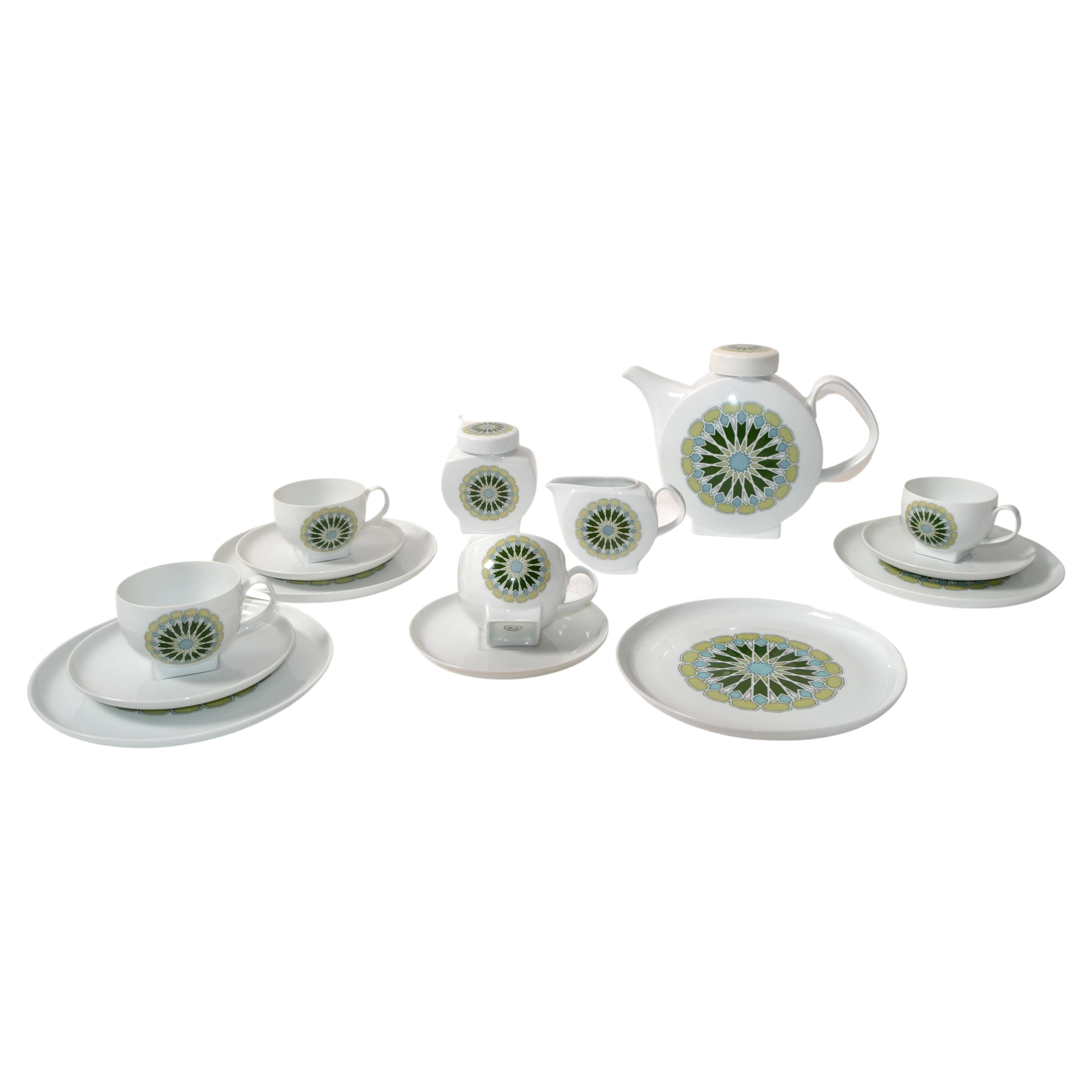 Vintage Melitta Minden Porcelain Tee Service Green White Motif 4 Place Setting For Sale