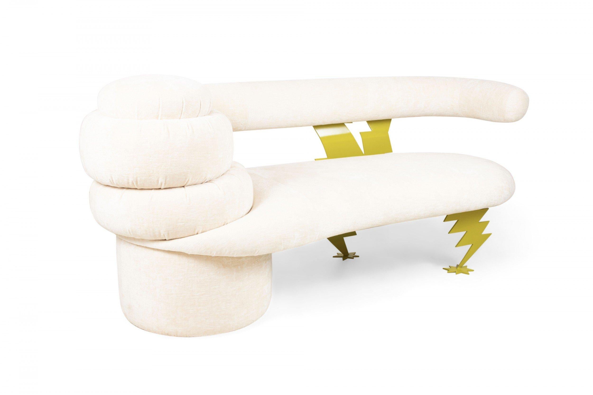 Vintage Memphis-Style Beige Velvet Upholstered Cloud and Lightning Bench / Sofa For Sale 1