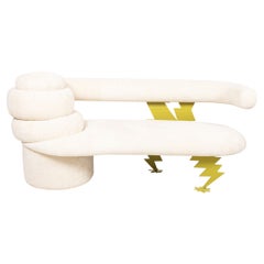 Vintage Memphis-Style Beige Velvet Upholstered Cloud and Lightning Bench / Sofa