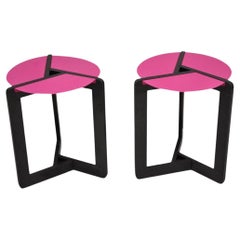 Vintage Memphis Style Steel and Wood Pink Tripod Side Table - A Pair Vintage Memphis Style Steel and Wood Pink Tripod Side Table - A Pair