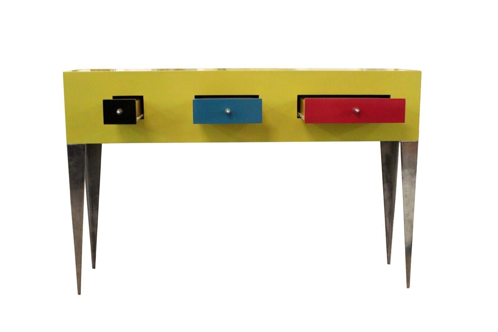 20th Century Vintage Memphis Style Yellow & Chrome Console Occasional Foyer Table 3 Drawer