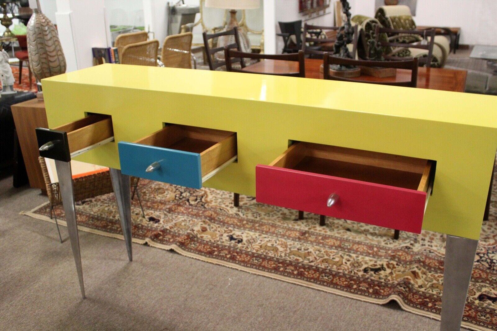 Vintage Memphis Style Yellow & Chrome Console Occasional Foyer Table 3 Drawer 1
