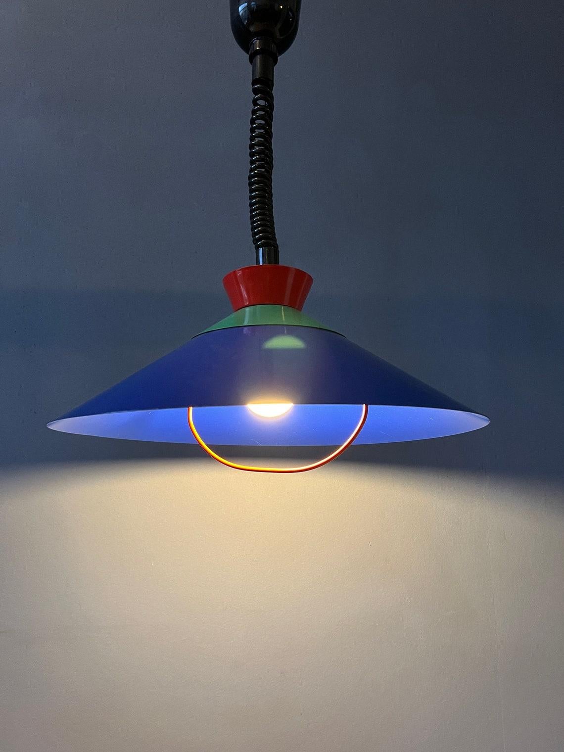 Metal Vintage Memphis Suspension Pendant Lamp in Blue, Green and Red, 1970s For Sale