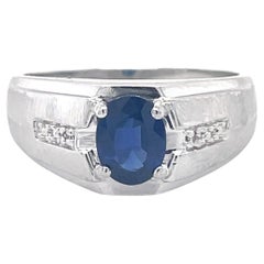 Vintage Men Sapphire Dome Ring, 1.31CT Oval Netural Sapphire, 10k White Gold