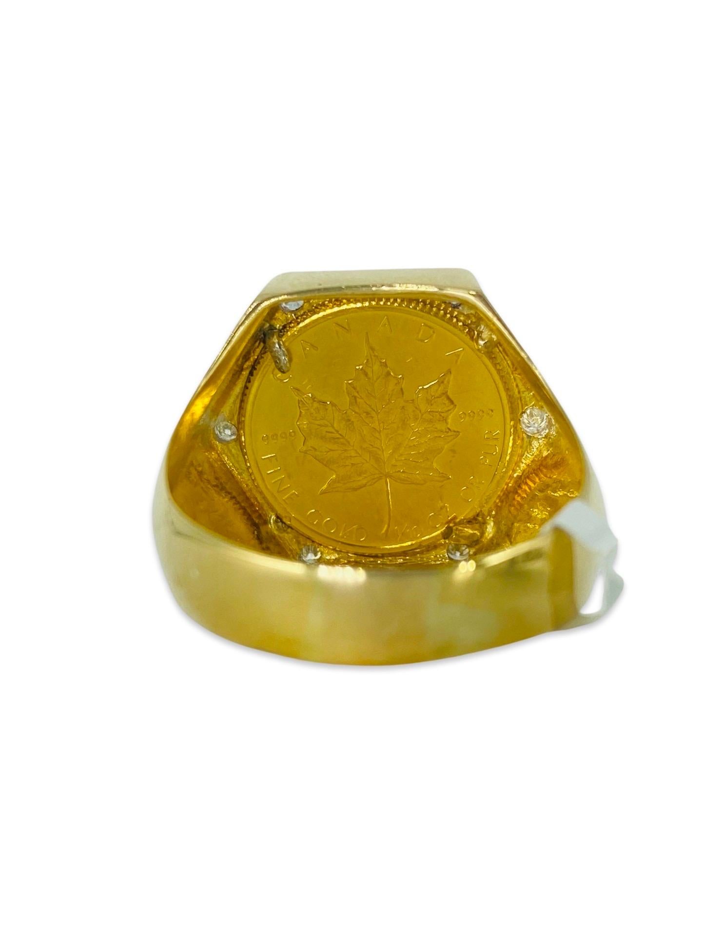 Vintage Homme 0.30 Carat Diamants 1/10oz Or Fin Elizabeth II Coin Ring 18k Bon état - En vente à Miami, FL