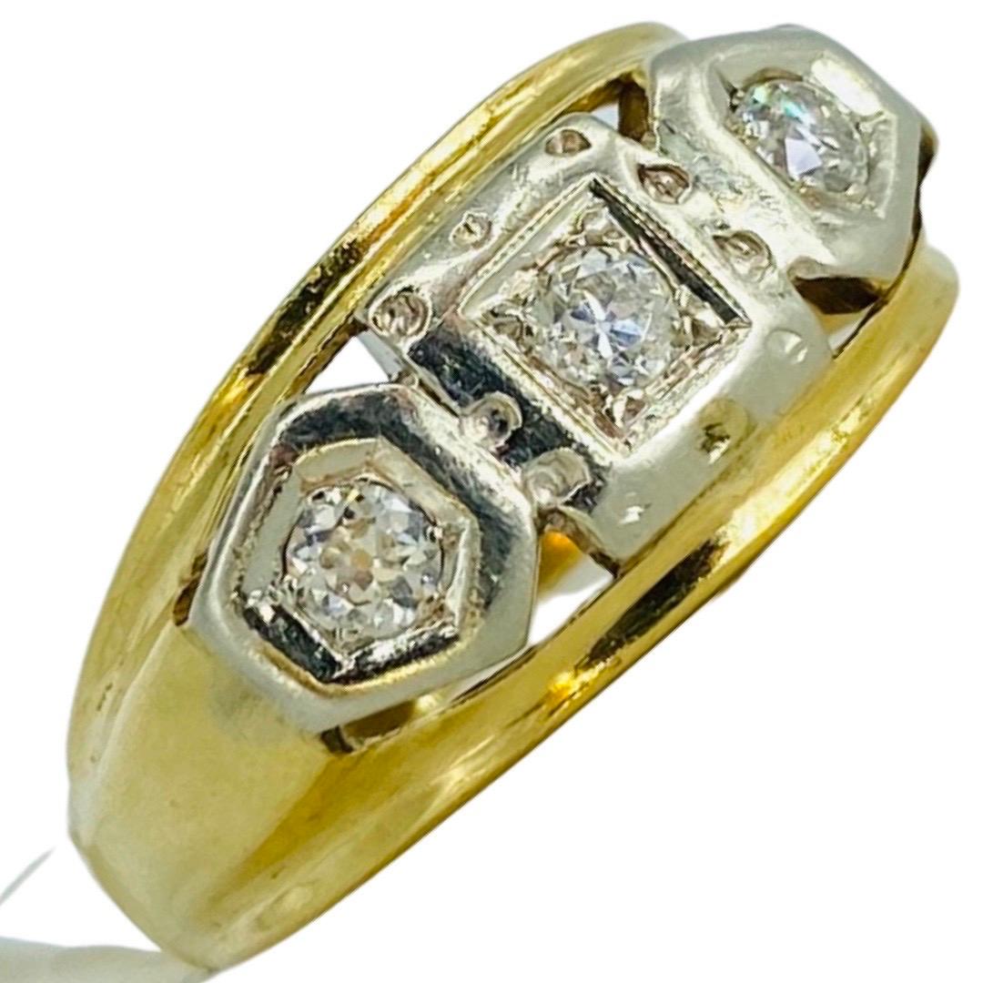 Vintage Men’s 0.60tcw 3-Stone Old Miner Diamond Ring 18k Gold. Each diamond weights approx 0.20 carat for a total of 0.60 carat. The diamonds are G/VS+ and are old miner cut. The ring is two tone gold and white gold. The rins is a size 10.5 and