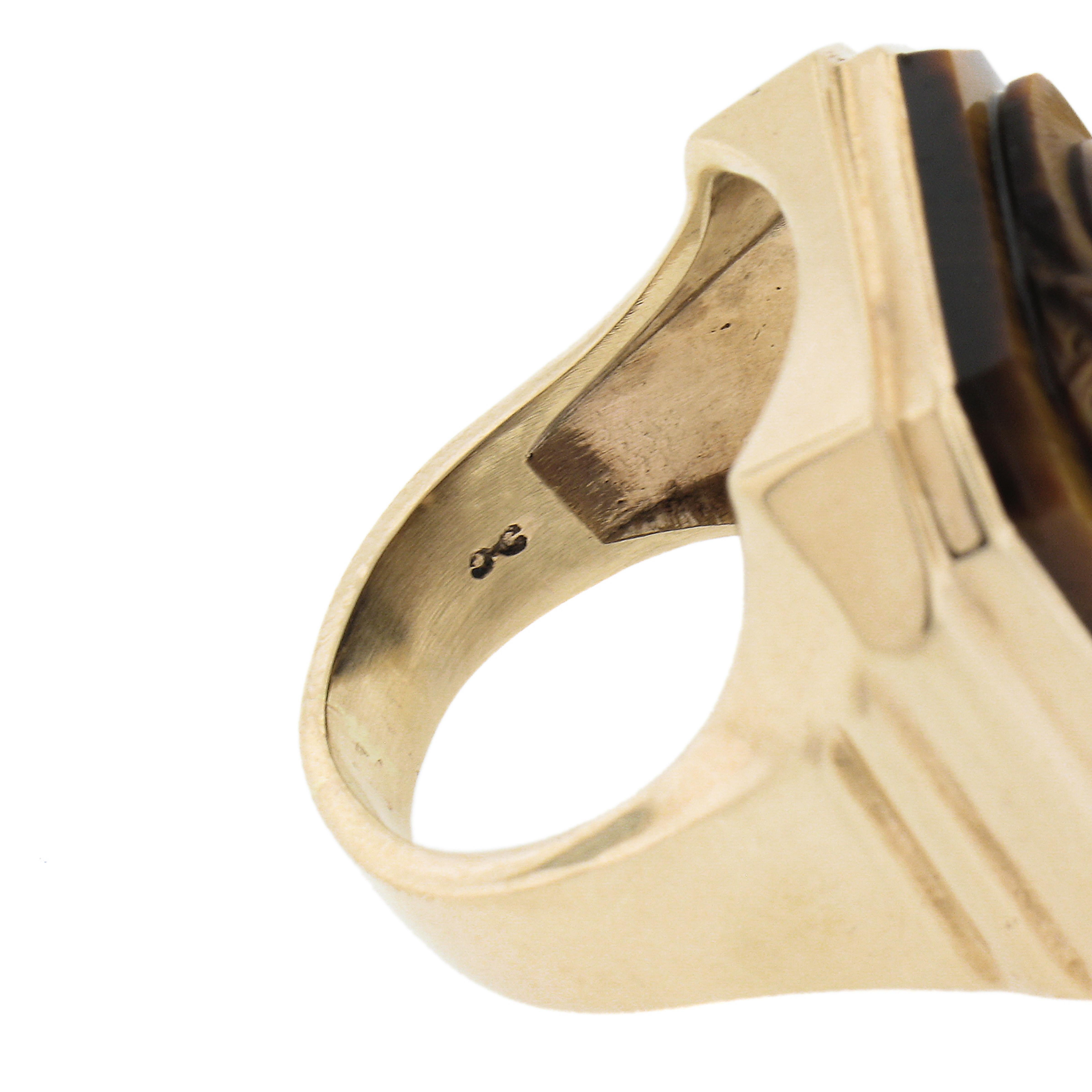 Vintage Mens 10K Gold Bezel Tiger's Eye Carved Dual Warrior Cameo Step Side Ring For Sale 5