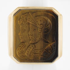 Vintage Mens 10K Gold Bezel Tiger's Eye Carved Dual Warrior Cameo Step Side Ring