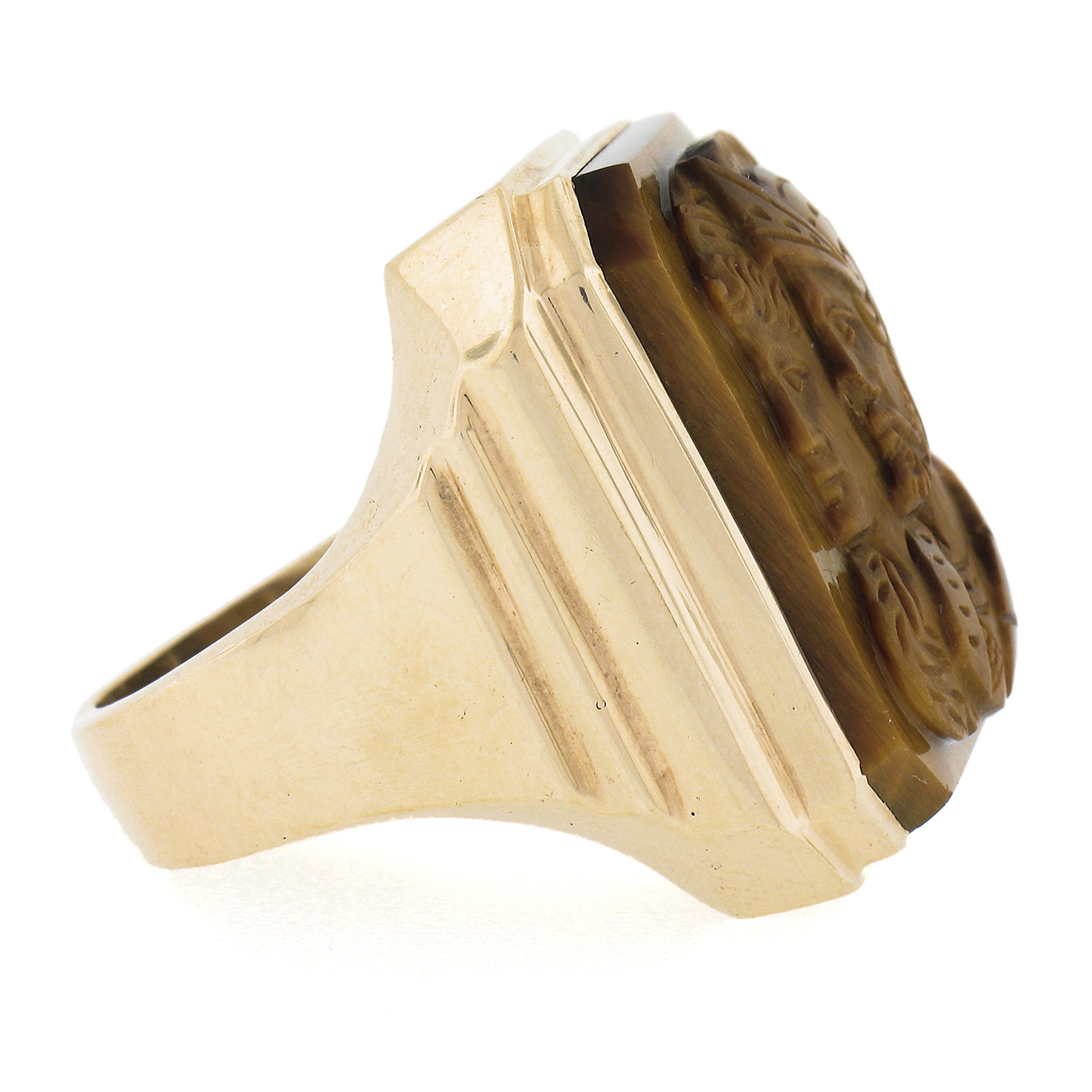 Men's Vintage Mens 10K Gold Bezel Tiger's Eye Carved Dual Warrior Cameo Step Side Ring For Sale
