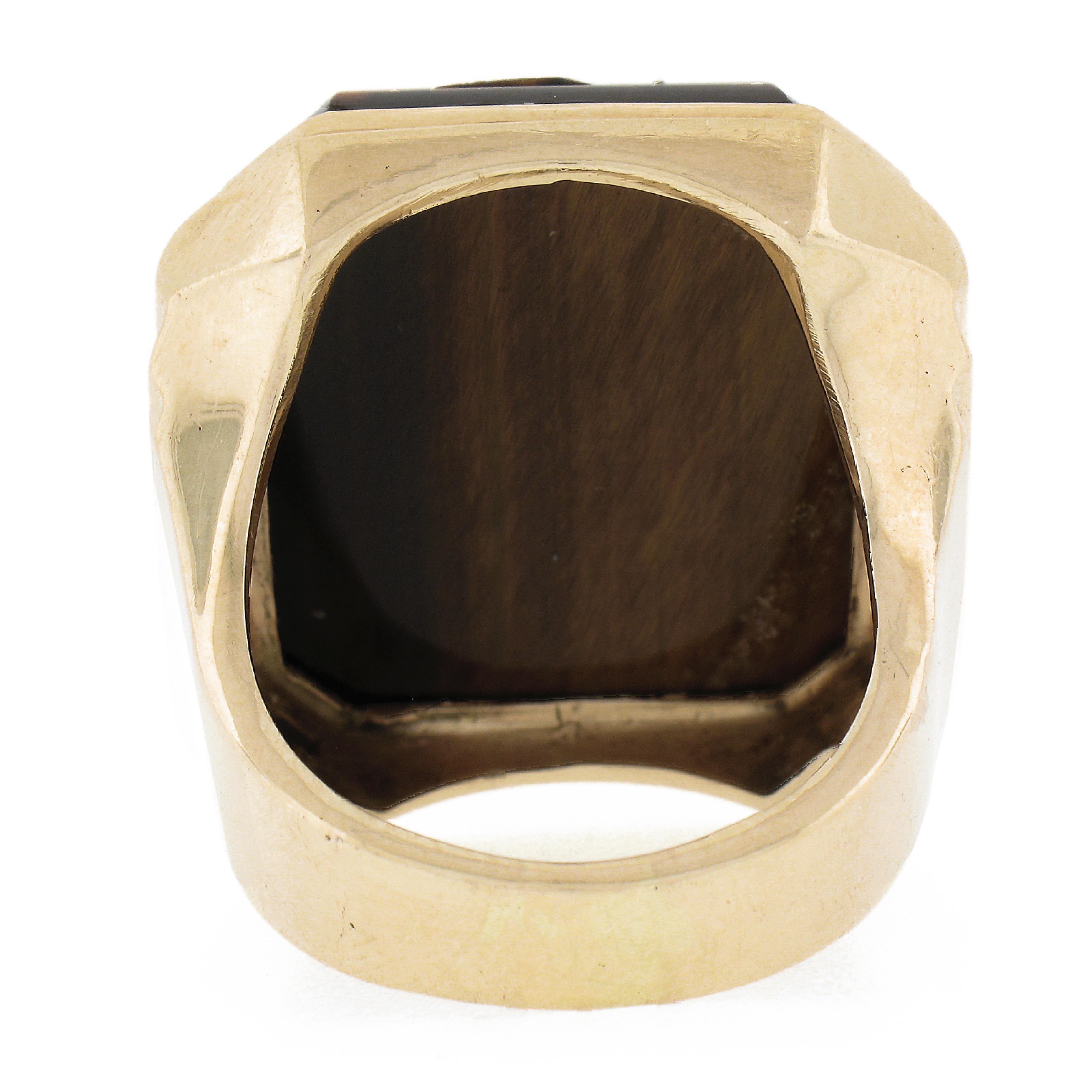 Vintage Mens 10K Gold Bezel Tiger's Eye Carved Dual Warrior Cameo Step Side Ring For Sale 2