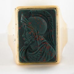 Vintage Men's 10K Yellow Gold High Relief Carved Trojan Knight Blood Stone Ring