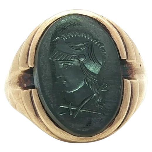 Vintage Homme Or Jaune 10k Intaglio Trojan Carving Hematite Grooved Ring