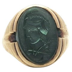 Vintage Homme Or Jaune 10k Intaglio Trojan Carving Hematite Grooved Ring