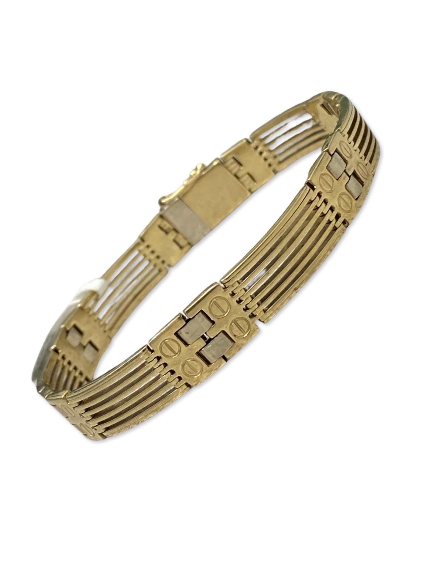 Vintage Men’s 10mm Fancy Screw Design Bracelet 14k Gold 8.5 Inch. The bracelet is signed by maker AG and weights 30.6g solid gold. Very unique vintage piece of jewelry for a true collection.