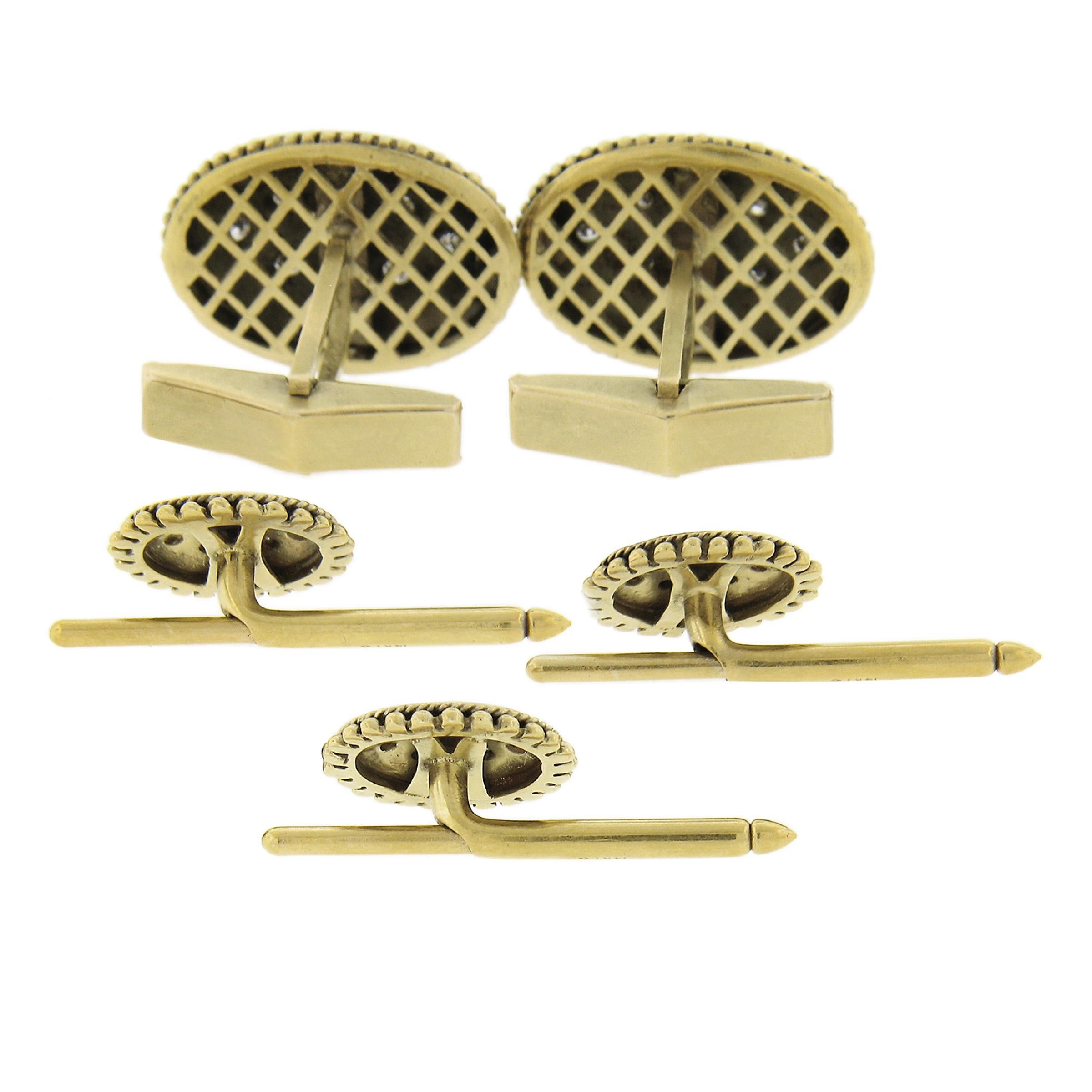 Round Cut Vintage Men's 14k Gold Diamonds & Black Enamel Cuff Links & 3 Button Stud Set