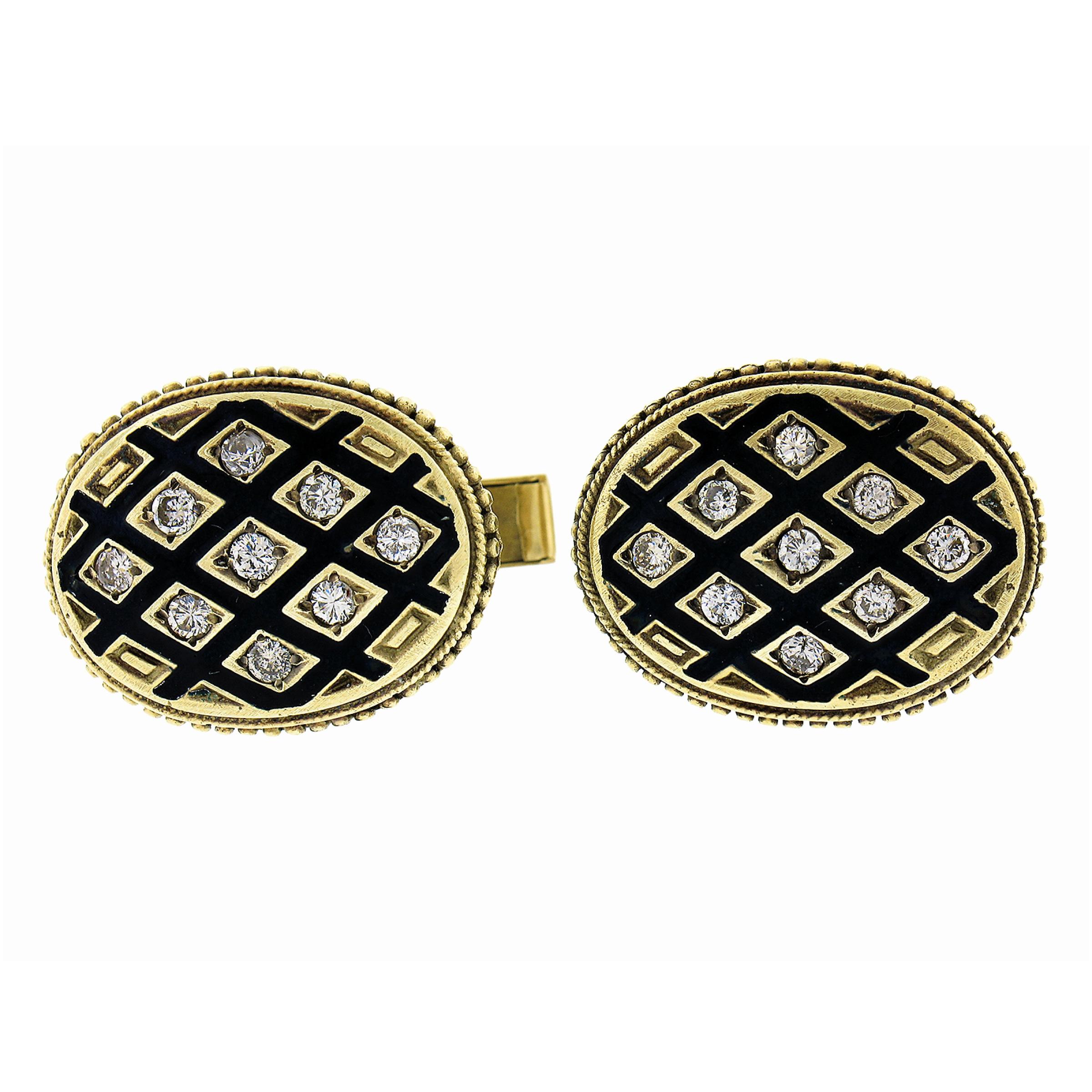 Vintage Men's 14k Gold Diamonds & Black Enamel Cuff Links & 3 Button Stud Set In Good Condition In Montclair, NJ