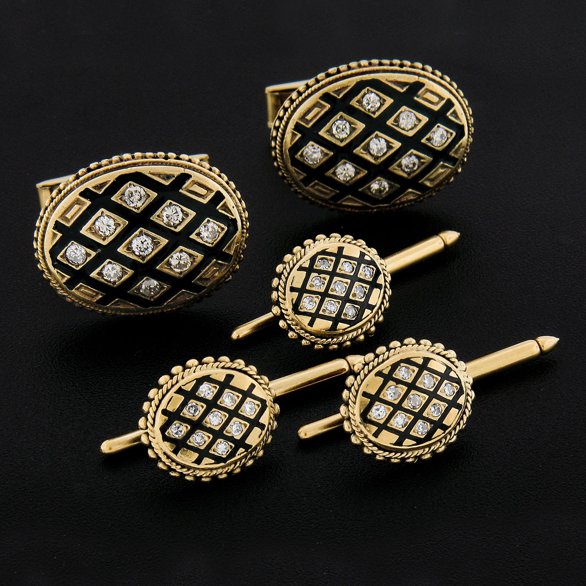 Vintage Men's 14k Gold Diamonds & Black Enamel Cuff Links & 3 Button Stud Set 4