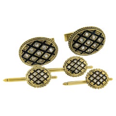 Vintage Men's 14k Gold Diamonds & Black Enamel Cuff Links & 3 Button Stud Set
