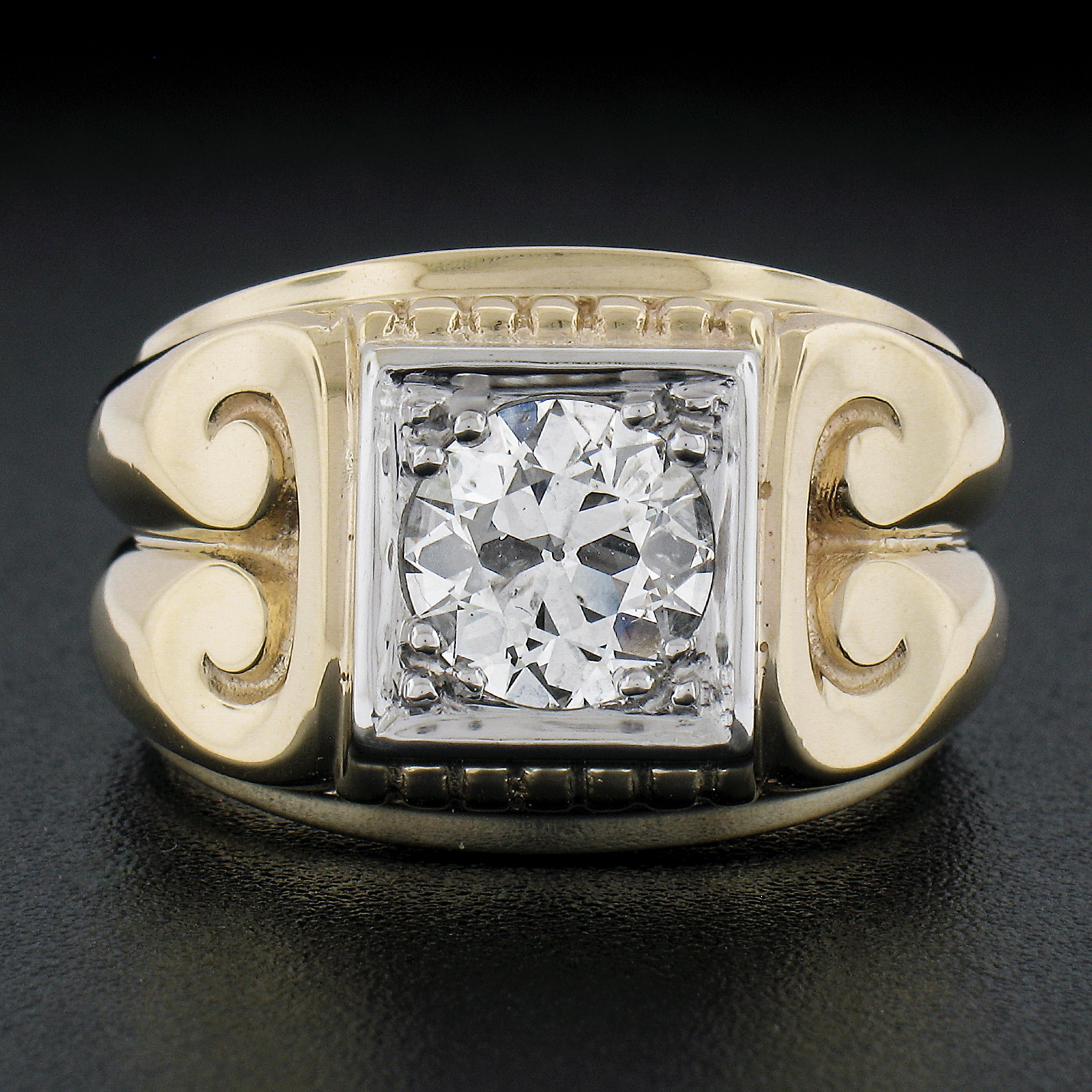 Old European Cut Vintage Men's 14k Gold Gia 1.55ctw Old Diamond Solitaire Column Sides Ring For Sale